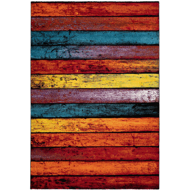Kinderteppich Vintage Design Balken Muster Bunt Blau Orange Gelb Rot 120x170cm