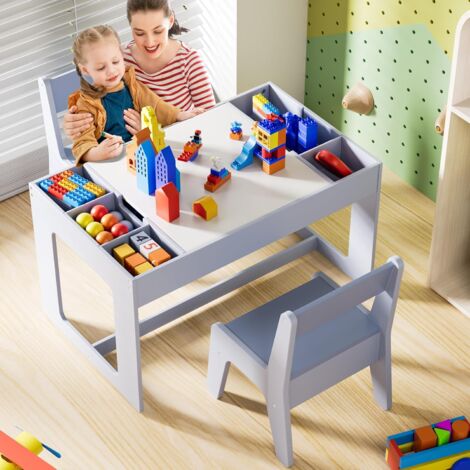 Kindertisch mit 2 Stühlen, Maltisch, Aktivitätstisch, Kindersitzgruppe, Stuhl Set mit Wendeplatte(blau)