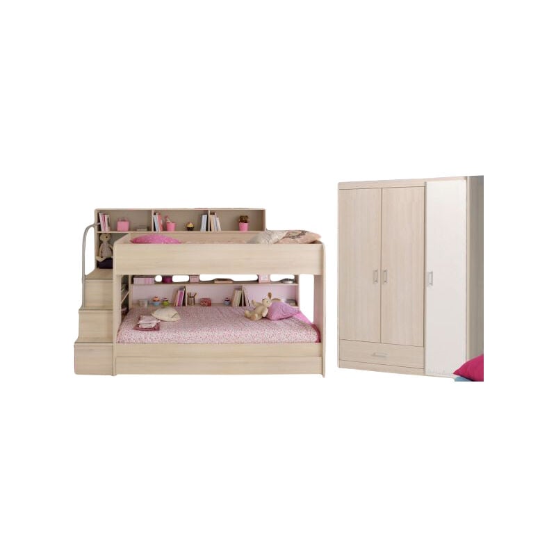 Kinderzimmer Bibop Parisot Bett + Kleiderschrank + Regale + Podest-Leiter + Bettschubkasten beige