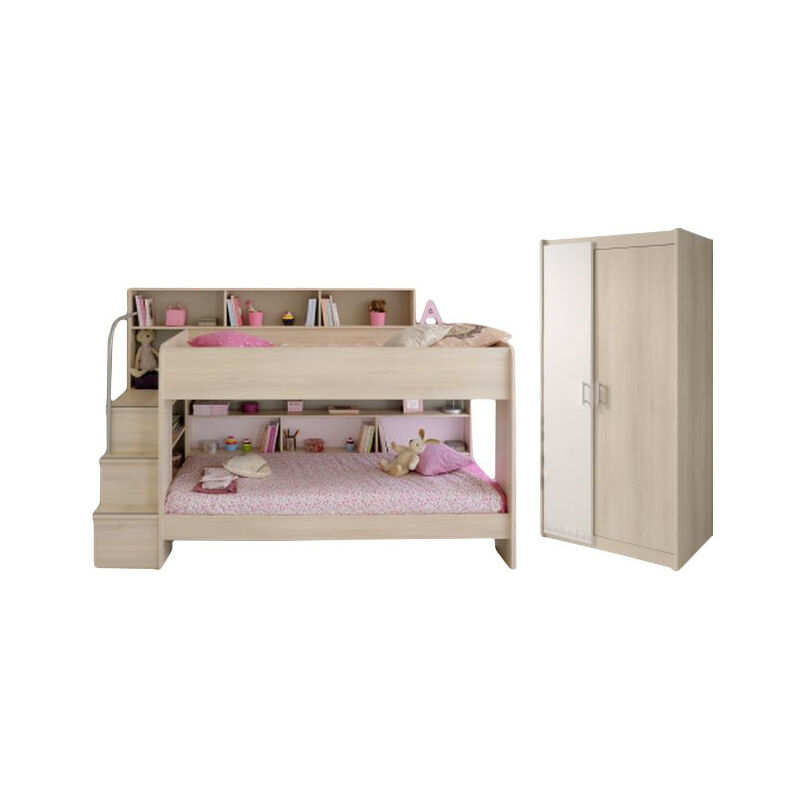 Kinderzimmer Bibop Bett + Lattenrostplatten + 2-trg Kleiderschrank + Regale + Podest-Leiter - Parisot