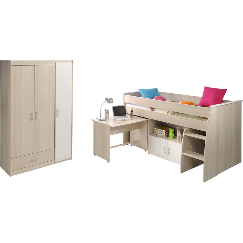 Kinderzimmer Charly 2-tlg Hochbett + Schreibtisch + Kommode + Kleiderschrank grau - weiß - Parisot