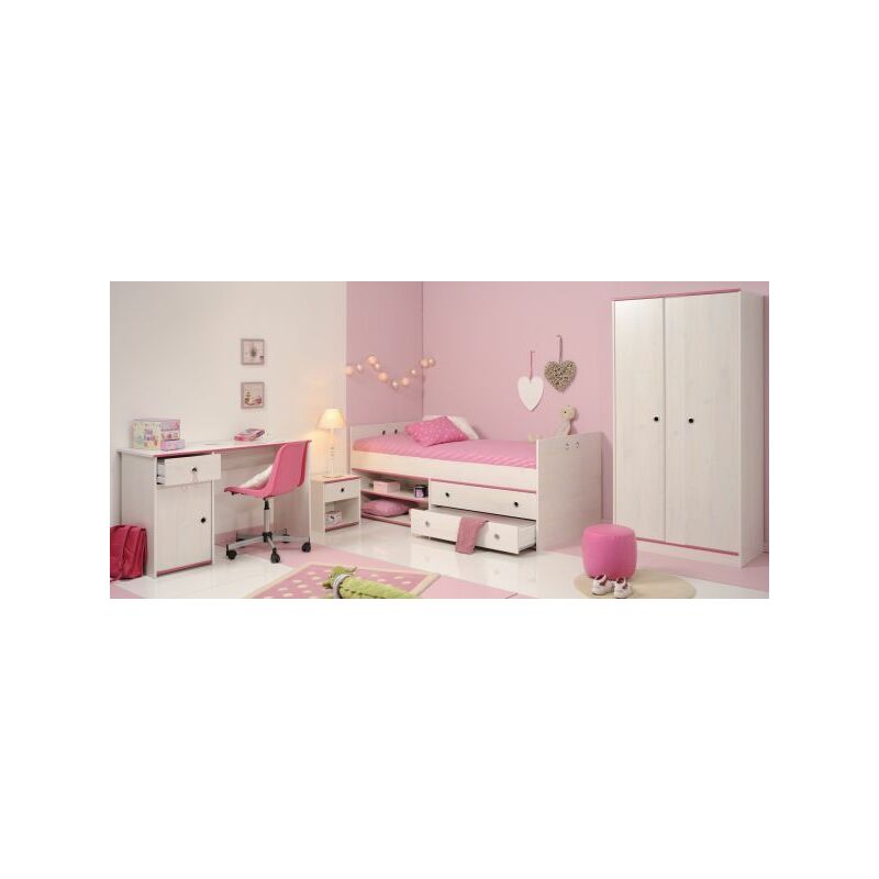 Kinderzimmer Smoozy 4-tlg Bett + Nachtkommode + Schreibtisch + Kleiderschrank weiß - Parisot