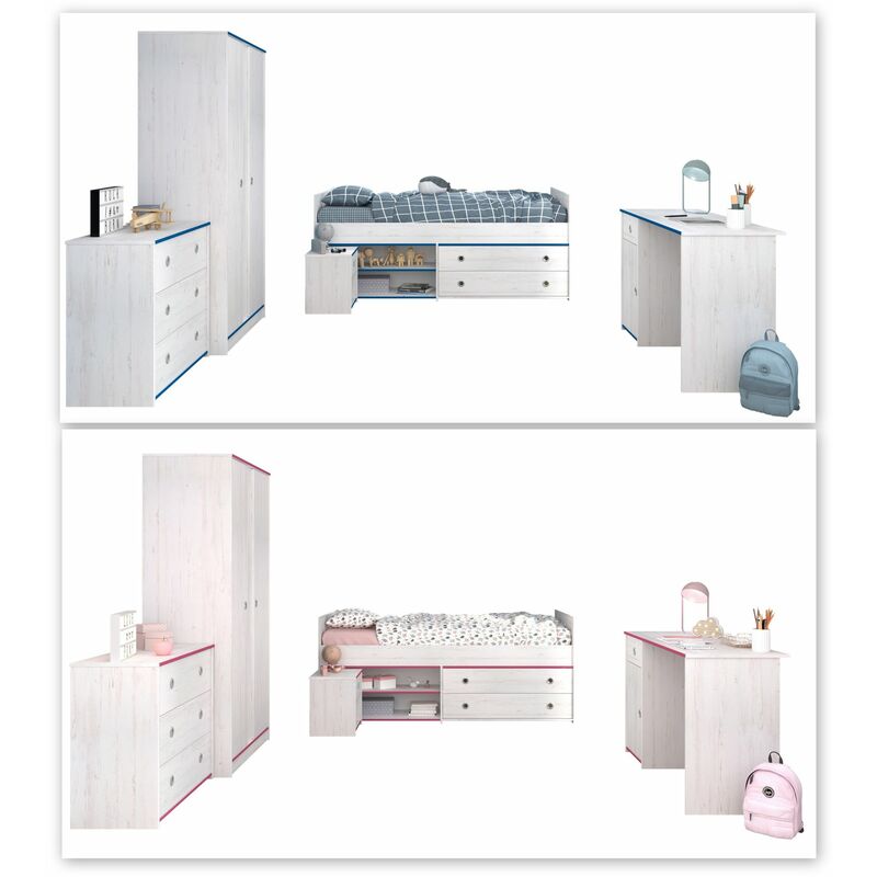 Kinderzimmer Smoozy 5-tlg Bett + Nachtkommode + Schreibtisch + Kleiderschrank + Kommode weiß - Parisot