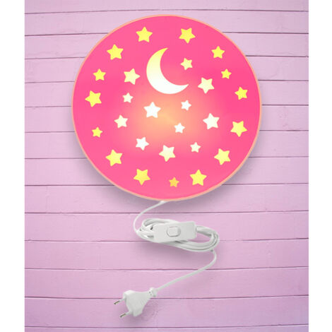 Kinderzimmer Wandlampe mit Mond & Sternen Pastellrosé Schalter und Stecker Ø25cm