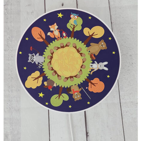 Kinderzimmer Wandlampe mit Wald Motiven, Schalter und Stecker, Ø 25cm