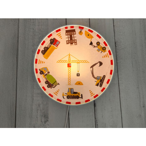 Kinderzimmer Wandlampe Weiß mit Baustellen Motiven, Schalter und Stecker, Ø 25cm