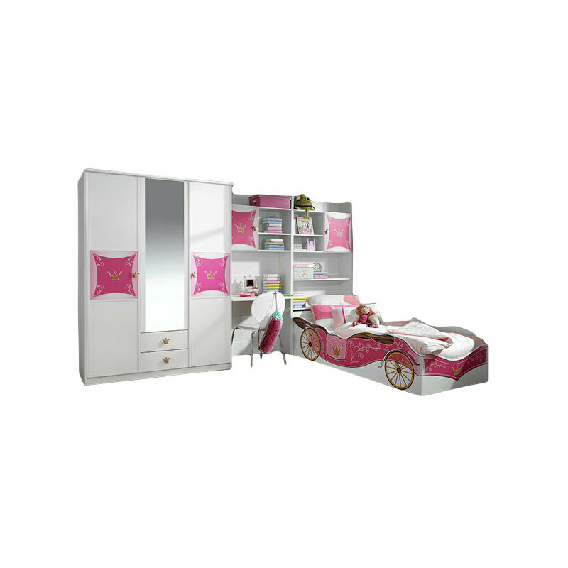 Kinderzimmer Zoe 4-tlg. Kleiderschrank mit Schreibtisch Regal Bettkastenschrank Bett weiß - pink