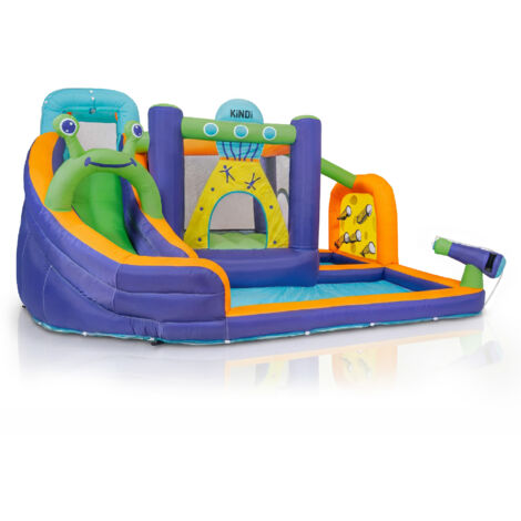 KiNDi DPZ006 Parco giochi gonfiabile con scivolo acquatico e piscina 370x310x210 cm PVC, ventilatore 450W, per 4 bambini, multicolore