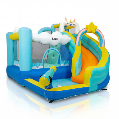 KiNDi DPZ014 Terrain de jeu gonflable avec toboggan aquatique et pataugeoire 300x280x230 cm PVC, ventilateur 450W, pour 4 enfants, multicolore