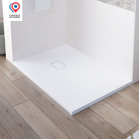 Kinedo – Receveur de douche à poser découpable 100x100 cm blanc aspect pierre – Bonde extra-plate incluse – Cache-bonde assorti – Résistant aux chocs et rayures