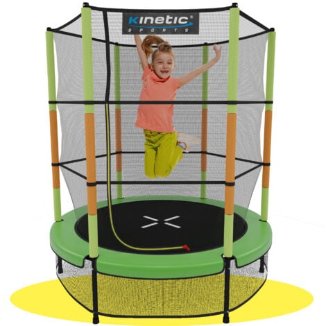 KINETIC SPORTS Kinder Trampolin JUMPER 140 cm - Inklusive Gummiseil Federung, Sicherheitsnetz mit Reißverschluss, Rahmenpolster, Schutz Bodennetz - Indoor Kindertrampolin Spielzeug  Mehrfarbig