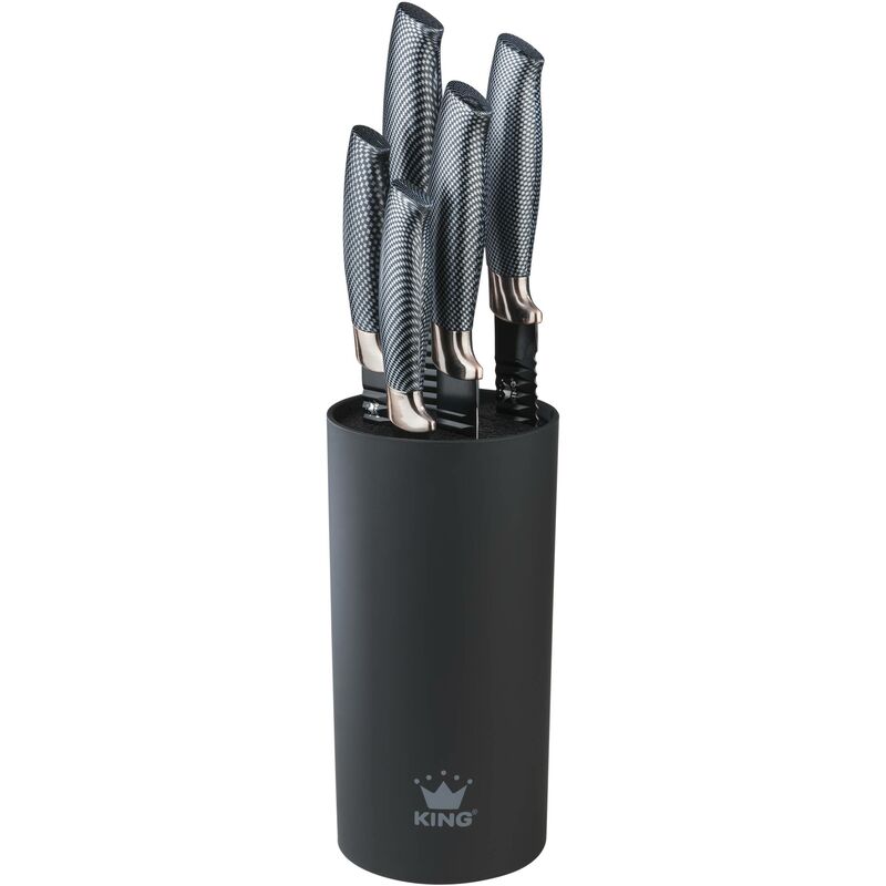King - Ensemble de couteaux royaux avec bloc de couteaux, aspect carbone, couleur noir/or rose, 6 pièces
