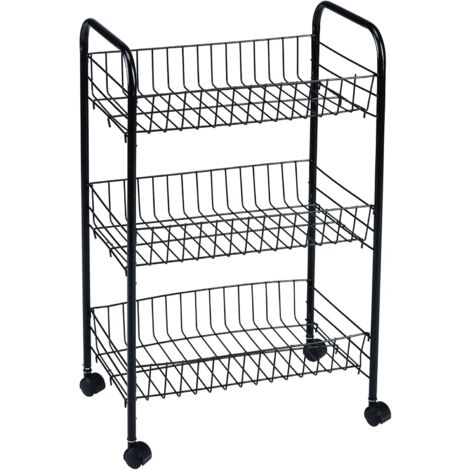 King Home CARRELLO MULTIUSO NERO in metallo a 3 ripiani con 4 ruote 40x26x62h cm