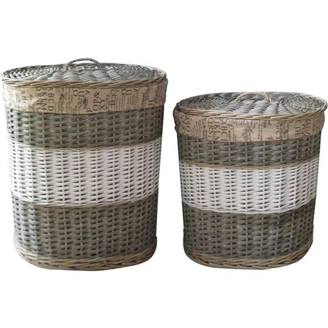 King Home Ovales Wäscheset aus Korbgeflecht 1/2 - 47x35x53h - 52x40x58h cm - beige/weiß