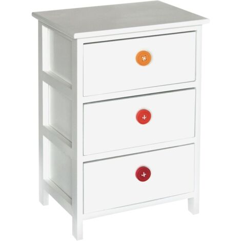 King Home Paulownia Holzkommode 40x29x58h cm 3 weiße Schubladen mit farbigen Knöpfen