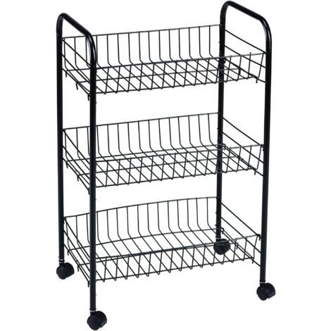 King Home SCHWARZER MULTI-PURPOSE TROLLEY aus Metall mit 3 Ablagen und 4 Rädern 40x26x62h cm
