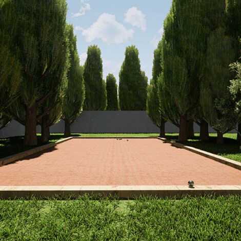 King Matériaux – Kit finition terrain de pétanque 75m² – 40m de poutres en chêne non traitées – 9T de sable stabilisé rose 0/8mm – Géotextile 75m²