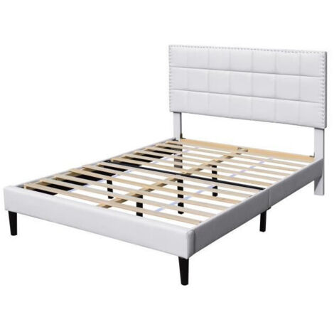 King Of Dreams – Lit 140x200 avec sommier et tête de lit capitonnée blanc – 13 lattes en MDF – Pieds 16 cm – Revêtement PVC simili – Confort optimal
