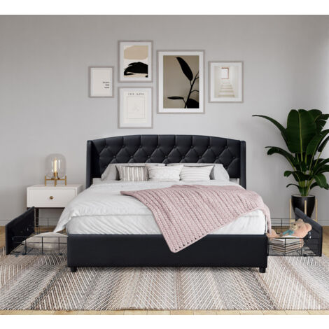 King Of Dreams – Lit adulte 140x190 cm avec sommier à 13 lattes – Tête de lit capitonnée PVC – 4 tiroirs – Montage rapide et facile
