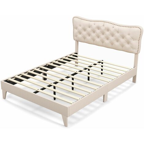 King Size Bed Frame Wooden Slat Bed Platform Upholstered Button Tufted Headboard