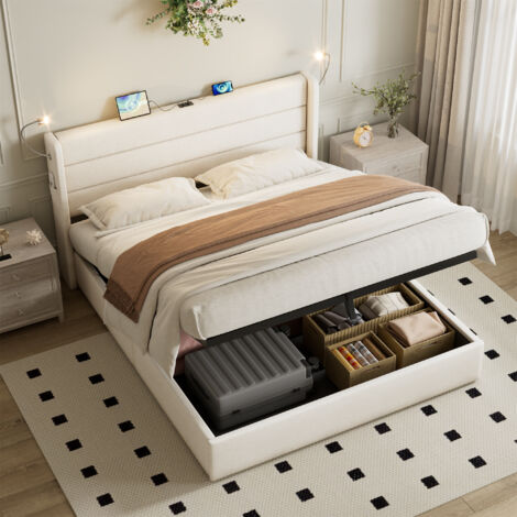 King Upholstered Storage Bed with Charging Station & Hydraulic Lift - Linen Fabric Double Bed Frame with Adjustable LED Reading Light, USB/Type-C Ports, 5ft, Beige (No Mattress)
