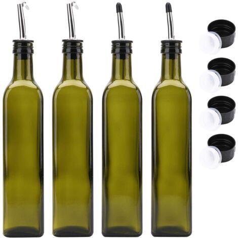 Kingrol Set mit 4 x 500-ml-Flaschen. Glasflaschen für Olivenöl und Essig mit Ausgießer aus Edelstahl, Dunkelgrün