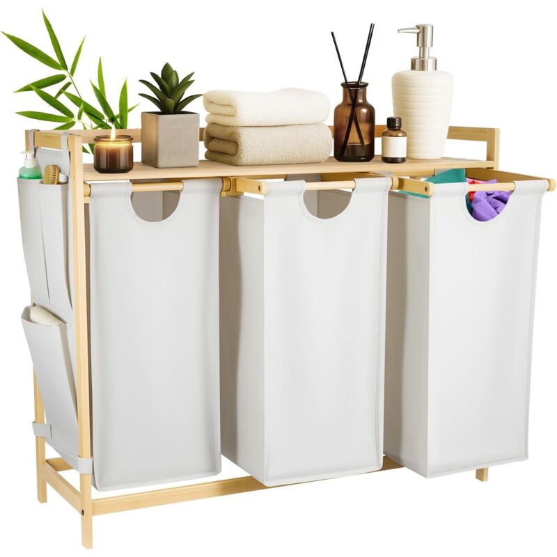 KingSaid Panier à Linge 3 Compartiments 135L en Bambou, Corbeille à Linge avec Étagère et Poches Latérales, Sacs Amovibles Lavables pour Rangement