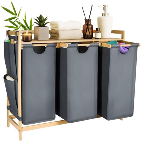 KingSaid Panier à Linge 3 Compartiments 135L en Bambou, Corbeille à Linge avec Étagère et Poches Latérales, Sacs Amovibles Lavables pour Rangement Buanderie (gris)