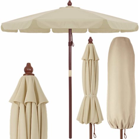 KINGSLEEVE® 3.3m Wooden Parasol with UV Protection 80+ and Protective Cover Large 330cm Round Garden Patio Sun Umbrella Water-Repellent Windproof Cable Pull Cream