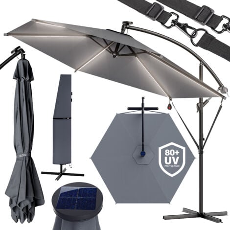 KINGSLEEVE® Ampelschirm LED Beleuchtung UV Schutz 80+ Solar Ständer Schutzhülle 330cm Groß Kurbel Balkon Terrasse Gartenschirm Sonnenschirm anthrazit
