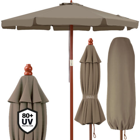 Kingsleeve Ombrellone in Legno da Giardino Ø 330cm UV80+ Parasole per Esterno Idrorepellente Doppio Tetto Tortora