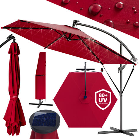 Kingsleeve - Parasol en Aluminium Ø3m Haiti - éclairage 24 LED Solaire Différentes couleurs - Protection, manivelle, Jardin, terrasse, Balcon, Soleil Rouge