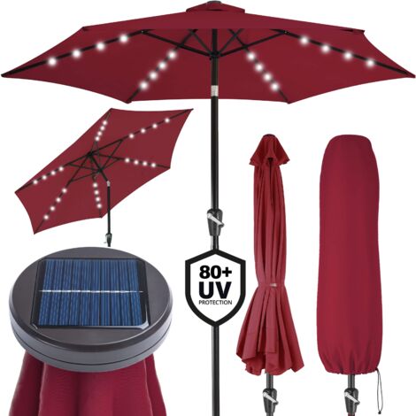 KINGSLEEVE® Sombrilla de Jardín 24 Luces LEDs Solares Protección UV 80+ Mástil Desmontable de Alumionio Manivela Parasol Inclinable  Rojo