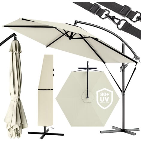 KINGSLEEVE® Sombrilla jardin terraza inclinable lateral con Manivela base en cruz parasol poste aluminio Ø300-330cm  Crema, 300 cm
