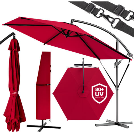 KINGSLEEVE® Sombrilla jardin terraza inclinable lateral con Manivela base en cruz parasol poste aluminio Ø300-330cm  Rojo, 300 cm