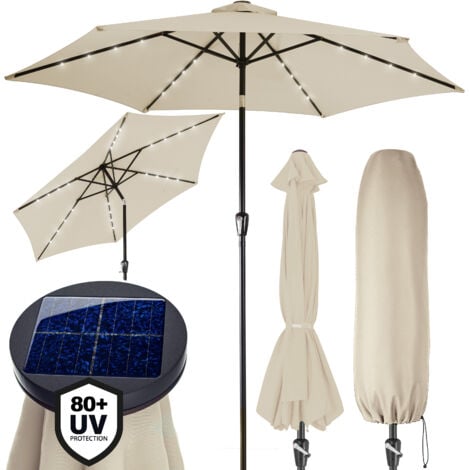KINGSLEEVE® Sonnenschirm LED Beleuchtung UV Schutz 80+ Solar Schutzhülle 270cm Groß Kurbel Knickbar Balkon Terrasse Gartenschirm Marktschirm  beige