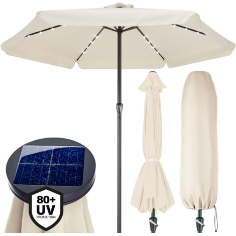KINGSLEEVE® Sonnenschirm LED Beleuchtung UV Schutz 80+ Solar Schutzhülle 330cm Groß Kurbel Volant Balkon Terrasse Gartenschirm Marktschirm creme