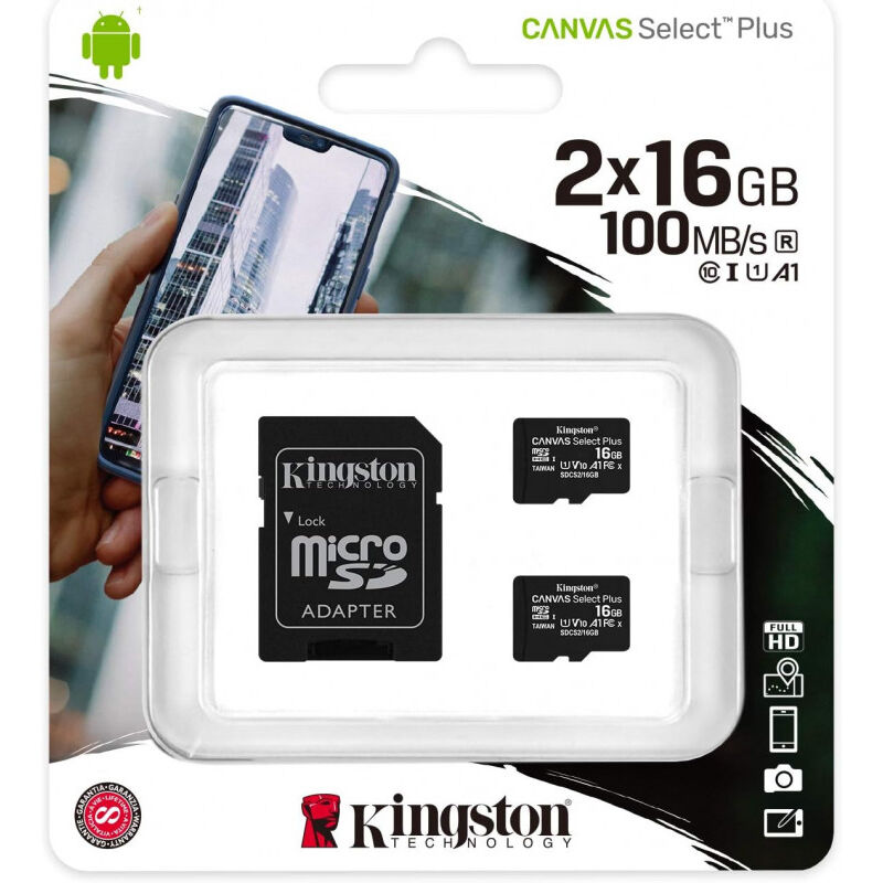 Kingston - Canvas Select Plus - 16 Go - MicroSDHC - Classe 10 - uhs-i - 100 Mo/s - Class 1 (U1) (SDCS2/16GB-2P1A)