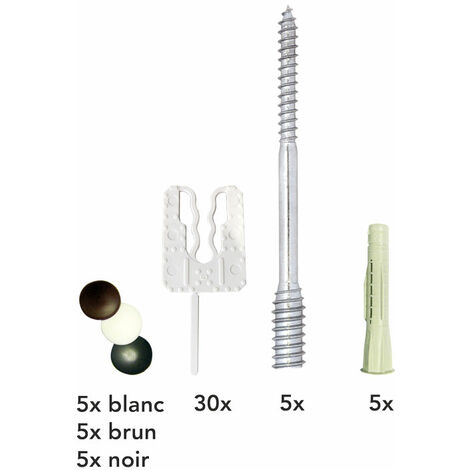 Kintech – Kit de fixation pour pose en tunnel et en feuillure – 3 capuchons blanc/noir/brun – 30 cales 1mm – 5 chevilles Ø 8mm – Réglage +/- 5mm