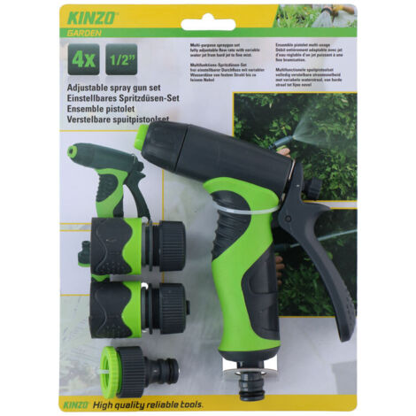 Kinzo - Gartenbewässerungsset, Spritzpistole mit verstellbarem Strahl und 1/2"-Anschlüssen (4 Stk.)