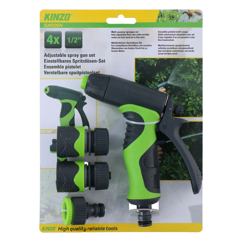 Kinzo - Kit d'arrosage de jardin, pistolet pulvérisateur avec jet réglable et raccords 1/2" (4 pcs.)