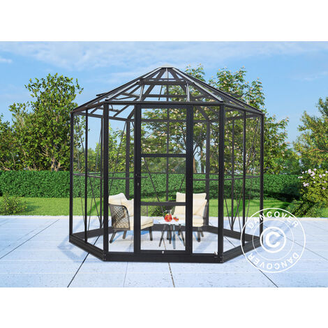 Kiosque de jardin en verre hexagonale 7,2m², 3,04x2,63x2,73m avec socle, Noir