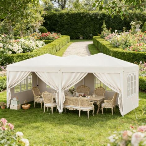 Kiosque de jardin pliant 3 x 6 m beige avec parois amovibles, réglable en hauteur, imperméable et anti-UV, en tissu Oxford
