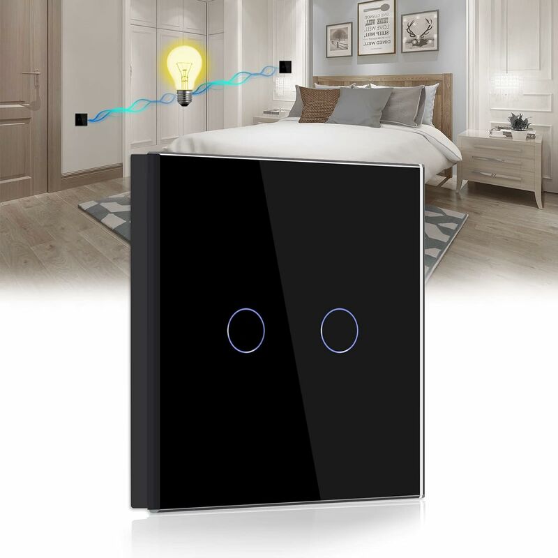 Niceone - Toggle Switch, Black 2 Gang 2 Way Light Switch with led Indicator, Tact Switch with Touch Sensor, Crystal Glass Panel, No Neutral Wire