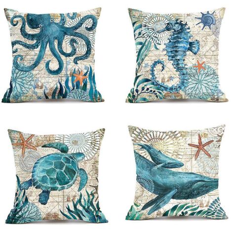 Kissenbezug, 45 x 45 cm, 4er-Set, Baumwolle und Leinen, bedruckt mit Meeresmotiven (Oktopus, Wal, Schildkröte, Seepferdchen), quadratischer Kissenbezug für Bett und Auto