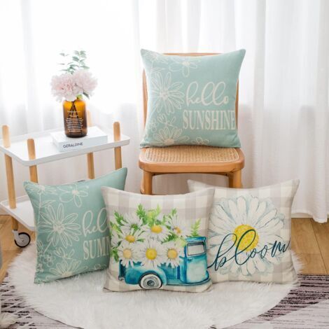 Kissenbezug 45x45 cm, 4er-Set, Blau, Modern, Dekorativer Leinenkissenbezug mit Sommer- und Frühlingsblumen, Gänseblümchen, Kissenbezug für Sofa, Wohnzimmer, Schlafzimmer, Stuhl, Heimdekoration