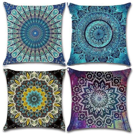 Kissenbezug-Set, 4 Stück, aus Baumwolle (45 x 45 cm) und Leinen, bedruckt mit Hippie-Boho-Motiv, blaue Mandala-Blumen, quadratisch, für Bett, Auto und Zuhause
