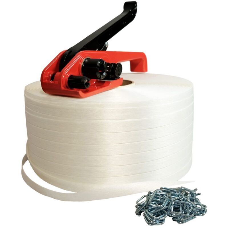 Kit 1 Feuillard de cerclage fil à fil KFF1 19 mm x 600 m + 250 boucles offertes + 1 tendeur - Résistance 550kg - Tecplast
