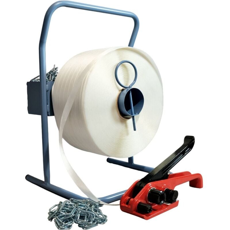 Kit 1 Feuillard de cerclage fil à fil KFF2 16 mm x 850 m + 1 tendeur offert + 1 dévidoir + boucles - Résistance 450kg - Tecplast