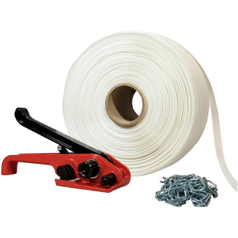 Kit 1 Feuillard de cerclage tressé KFT1 19 mm x 500 m + 250 boucles offertes + 1 tendeur - Résistance 750kg - Tecplast